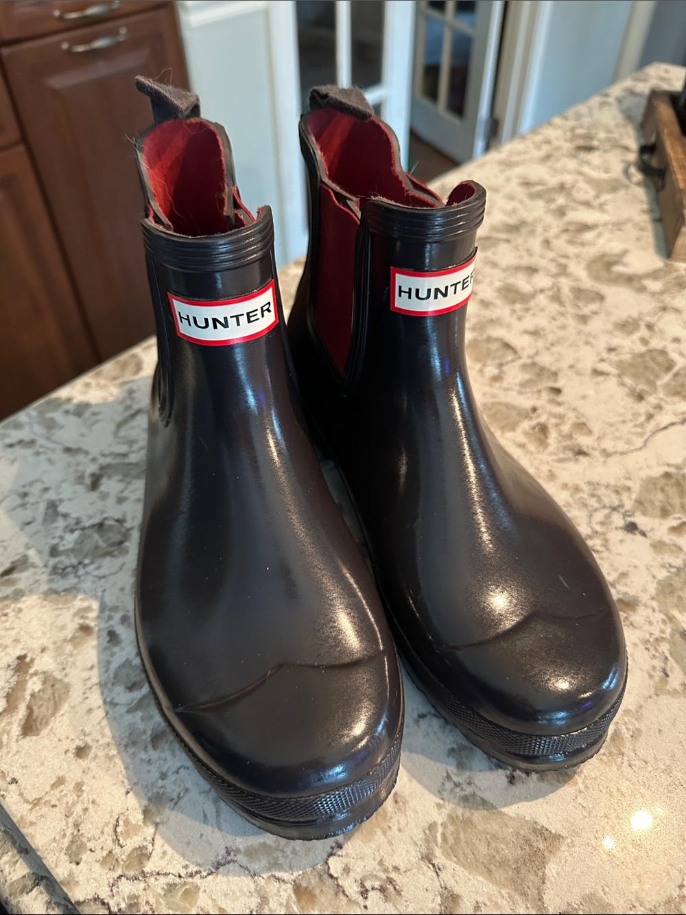 Hunter Black Gloss Chelsea Rain Boots with Red Interior